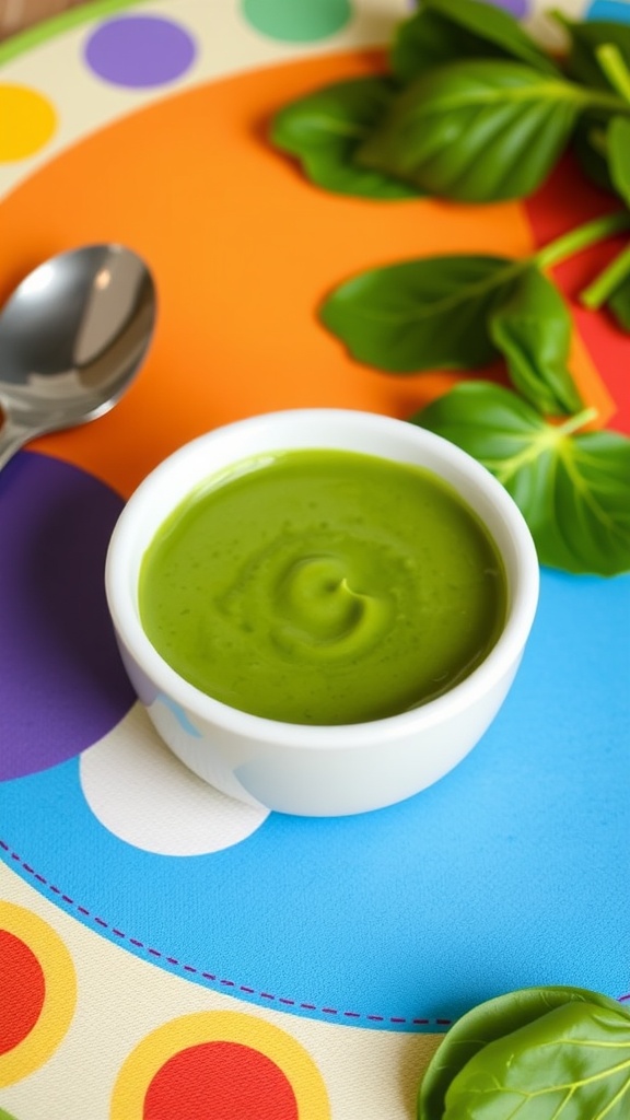 Smooth spinach puree in a bowl ready for feeding a baby, with fresh spinach leaves nearby.